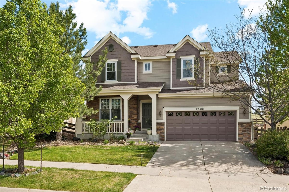 Front exterior of a two-story home with siding and brick accents